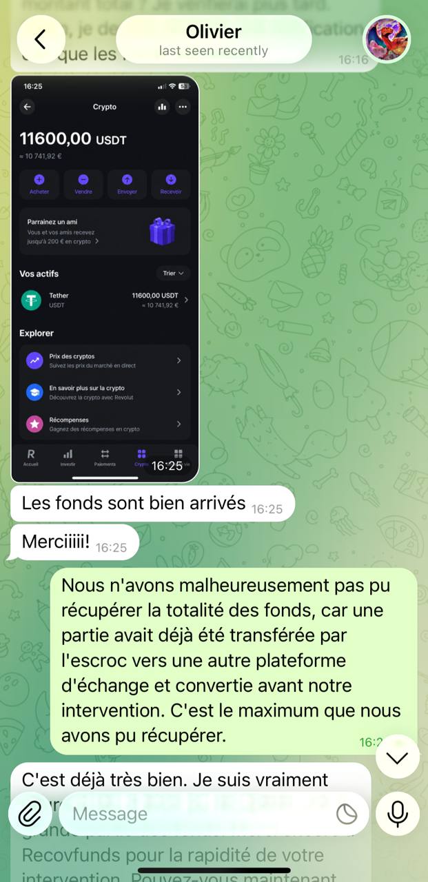 Conversation avec Olivier confirmant une récupération de 11 600 USDT